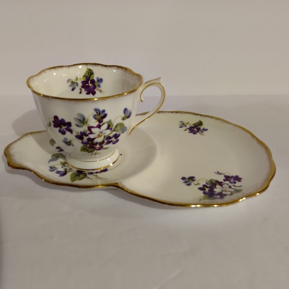 Royal Albert "Violets For Love" Teacup and Snack Plate. Bone China.